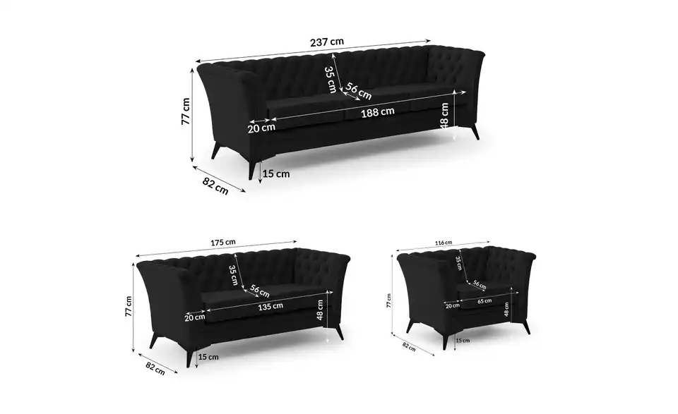 Chesterfield Polstergarnitur 3+2+1 Wilhelm, Bemaßung