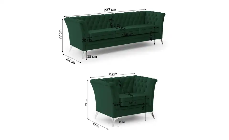 Chesterfield Polstergarnitur 3+1 Wilhelm, Bemaßung