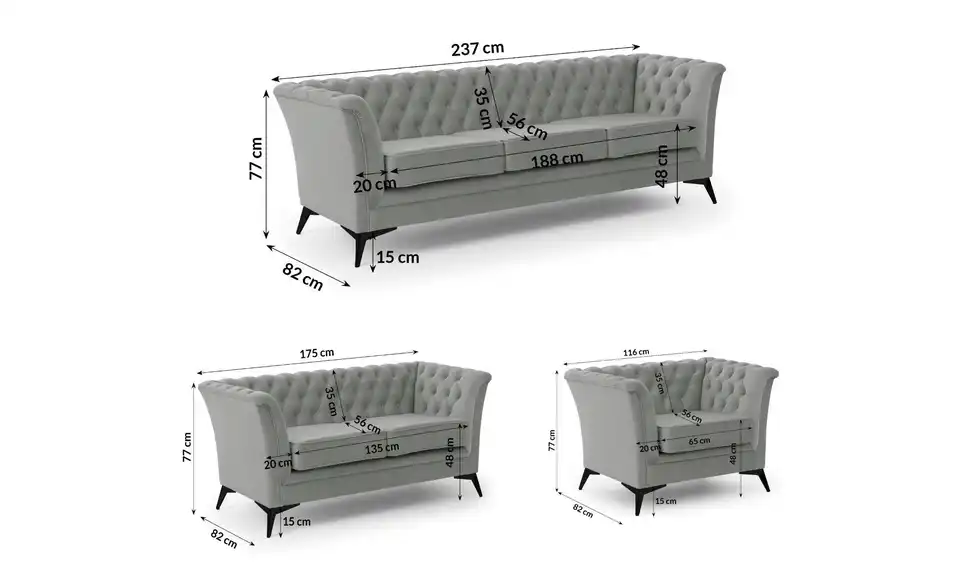 Chesterfield Polstergarnitur 3+2+1 Wilhelm, Bemaßung