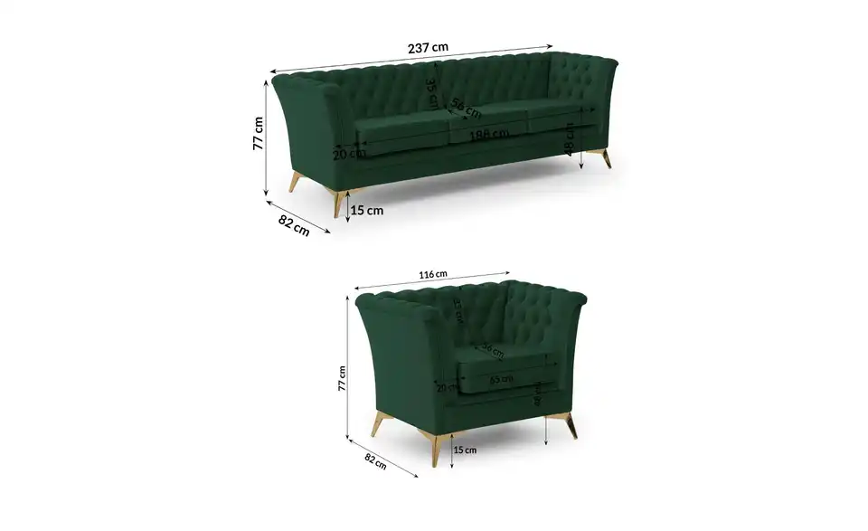 Chesterfield Polstergarnitur 3+1 Wilhelm, Bemaßung