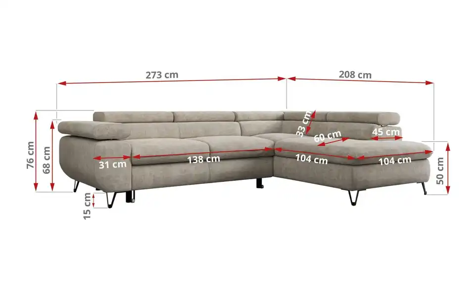 Ecksofa Beige, Bemaßung