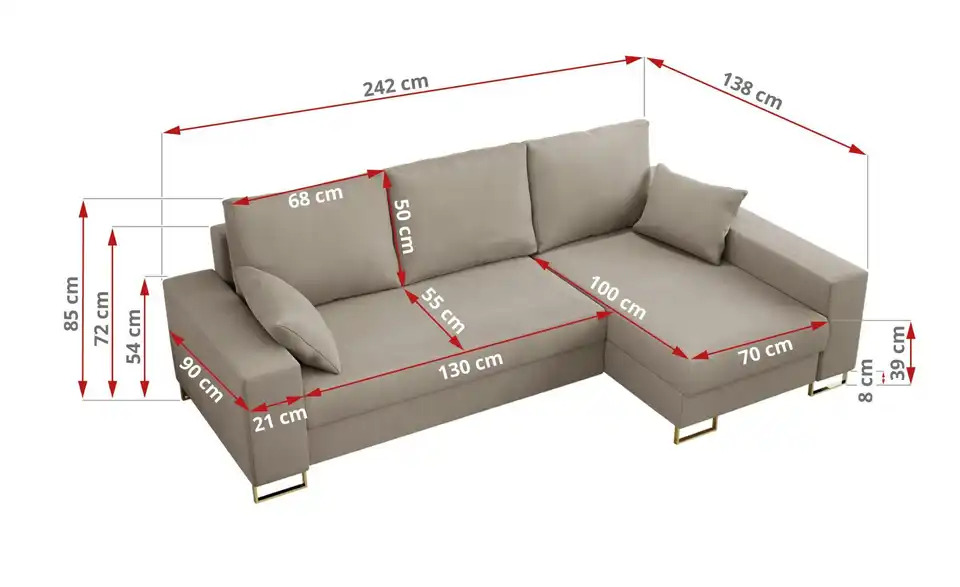 Ecksofa Beige, Bemaßung