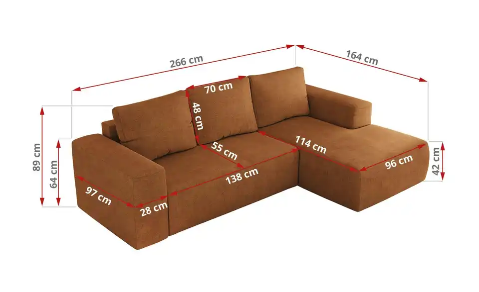 Ecksofa Orange, Bemaßung