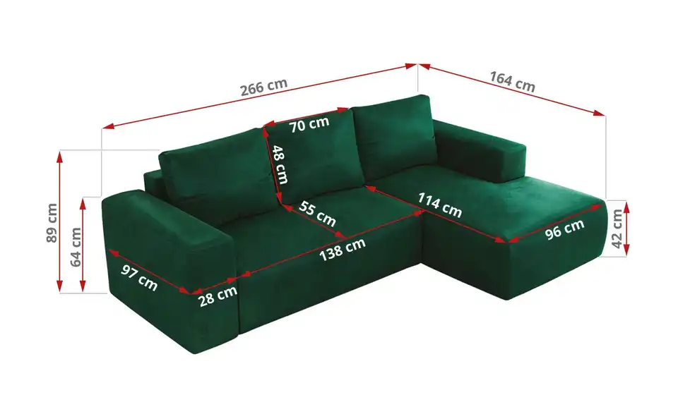 Ecksofa Dunkelgrün, Bemaßung