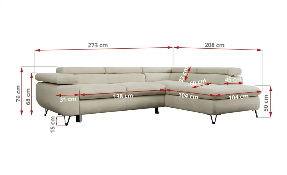 Ecksofa Beige, Bemaßung