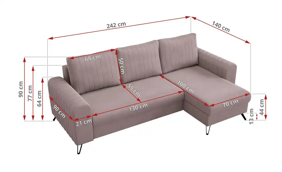 Ecksofa Rosa, Bemaßung