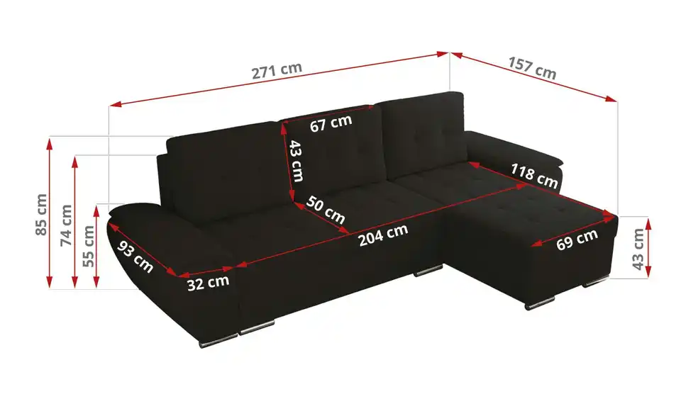 Ecksofa Schwarz, Bemaßung