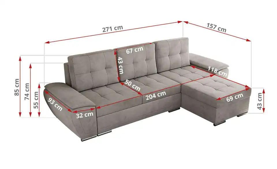 Ecksofa Hellgrau, Bemaßung