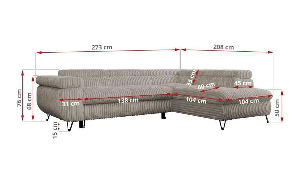 Ecksofa Grau, Bemaßung