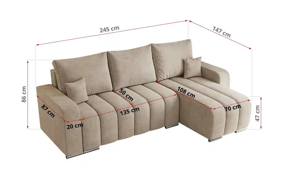 Ecksofa Beige, Bemaßung