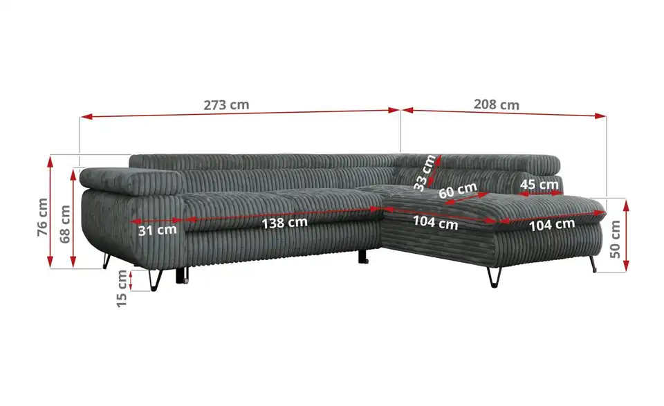 Ecksofa Dunkelgrau, Bemaßung