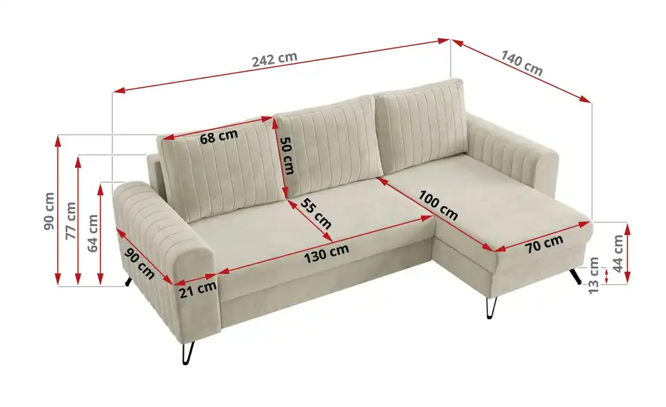 Ecksofa Beige, Bemaßung