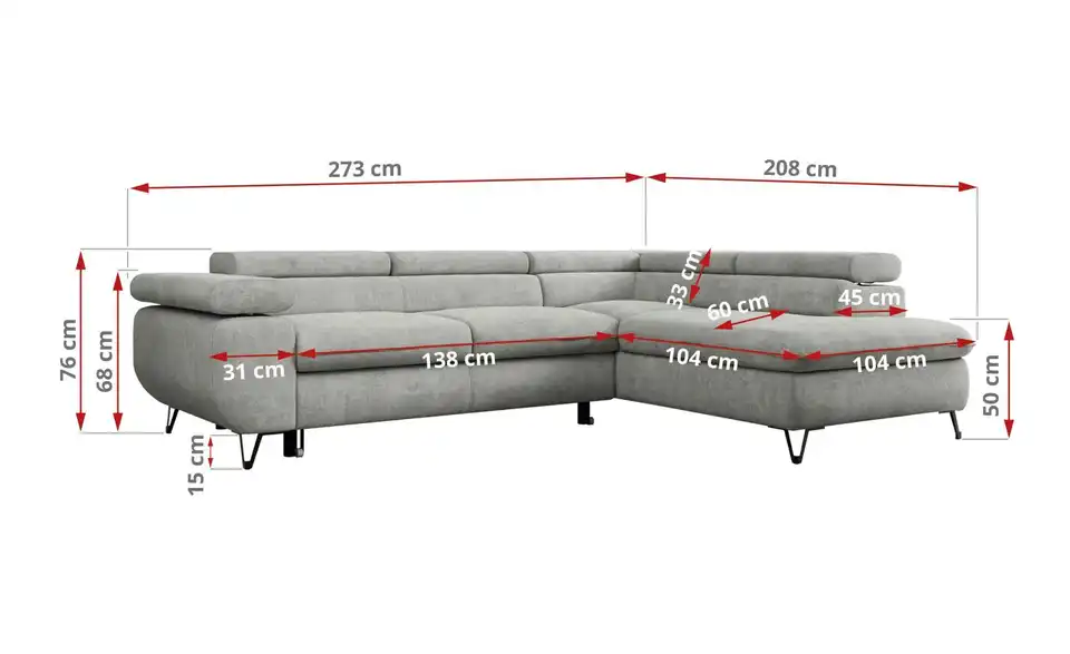 Ecksofa Hellgrau, Bemaßung