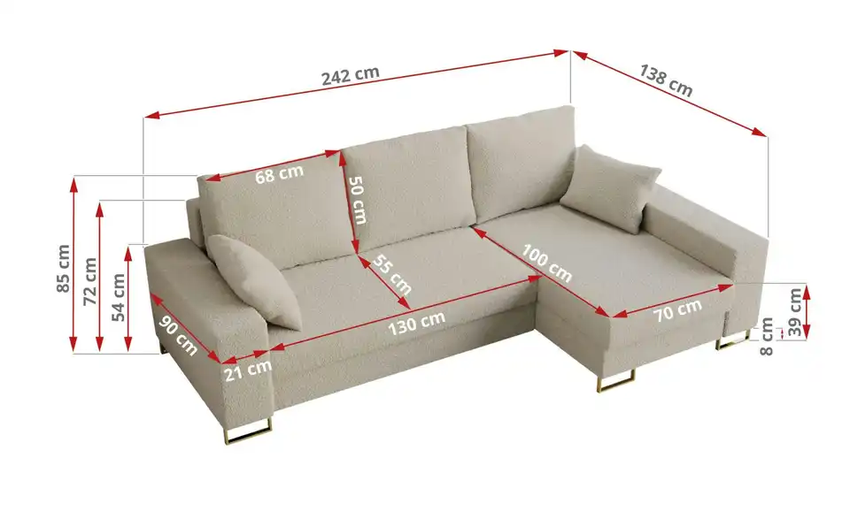 Ecksofa Beige, Bemaßung