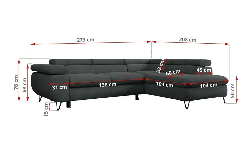 Ecksofa Dunkelgrau, Bemaßung
