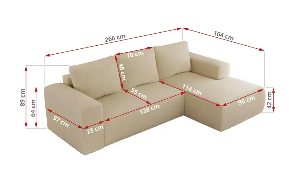 Ecksofa Beige, Bemaßung