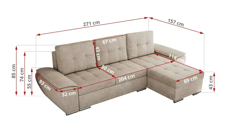 Ecksofa Beige, Bemaßung