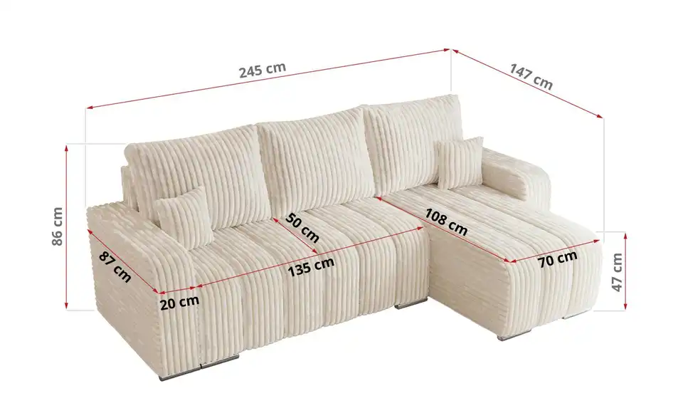 Ecksofa Beige, Bemaßung