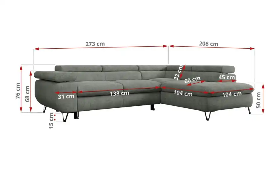Ecksofa Grau, Bemaßung