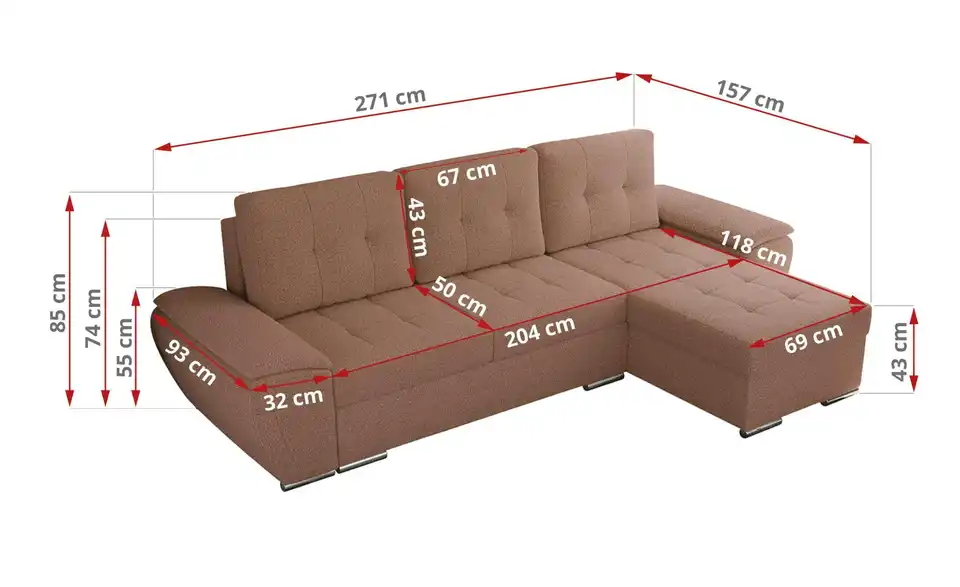 Ecksofa Rosa, Bemaßung