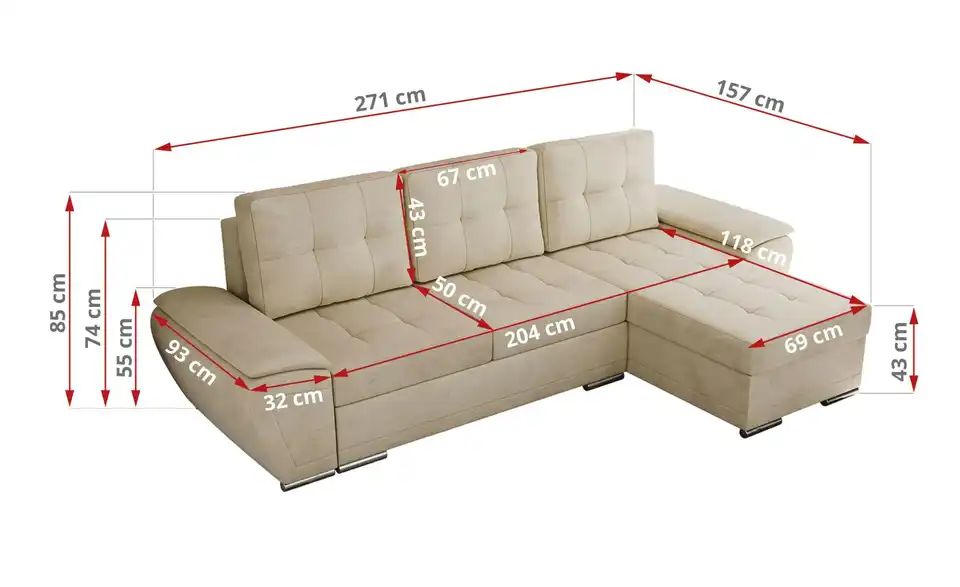 Ecksofa Beige, Bemaßung