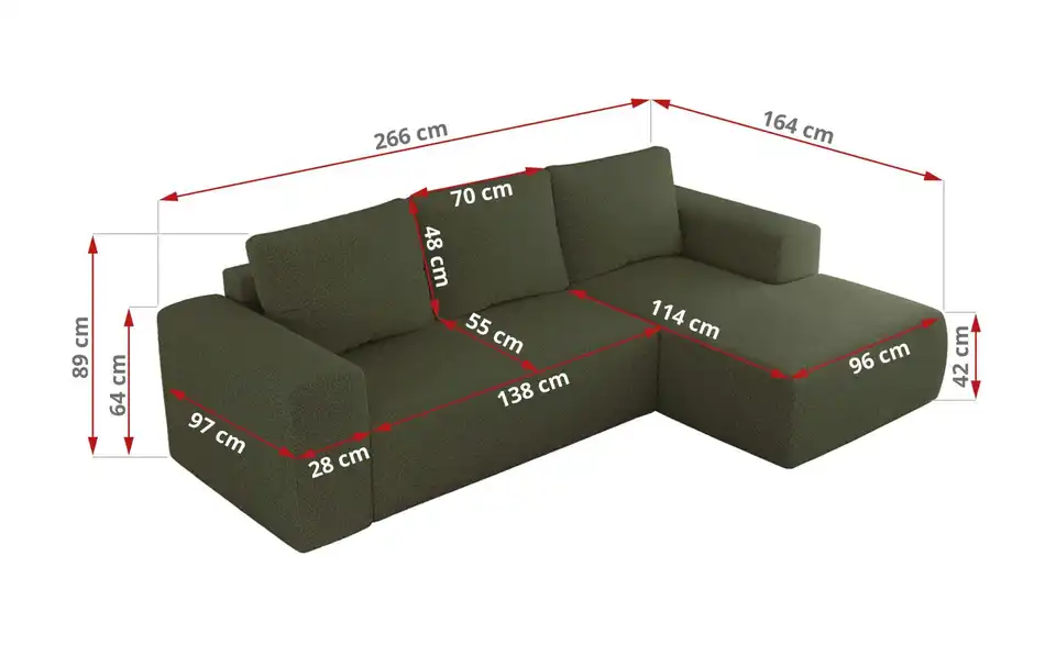Ecksofa Grün, Bemaßung