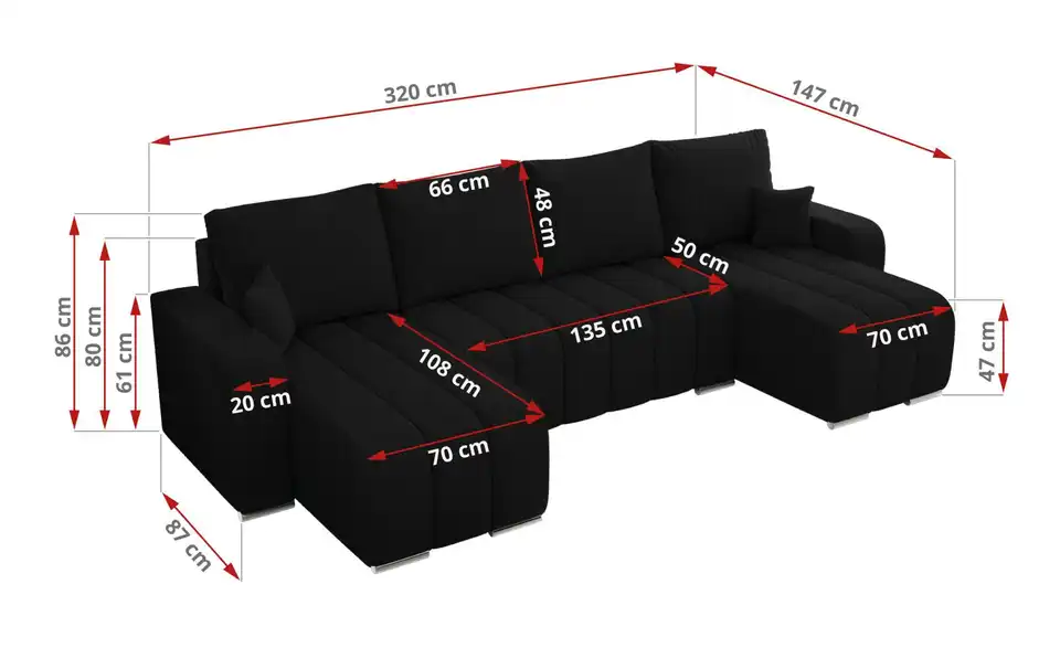 Wohnlandschaft Schwarz, Bemaßung