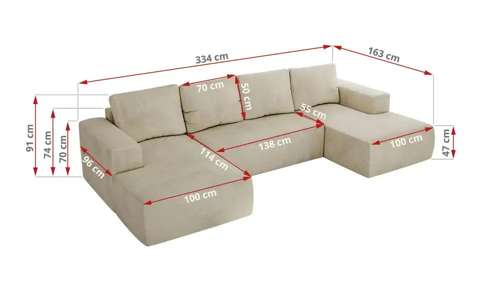 Wohnlandschaft Beige, Bemaßung