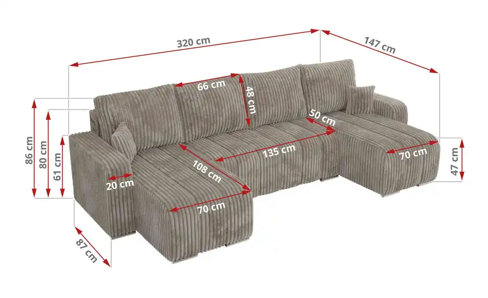 Wohnlandschaft Hellbraun, Bemaßung