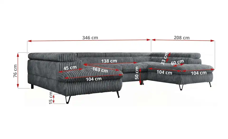 Wohnlandschaft Dunkelgrau Peter, Bemaßung