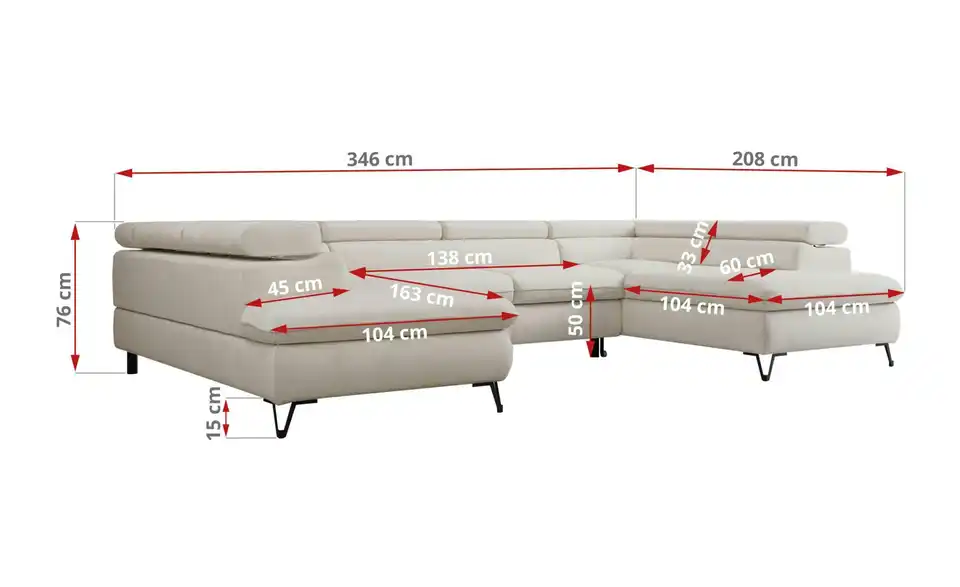 Wohnlandschaft Creme Peter, Bemaßung