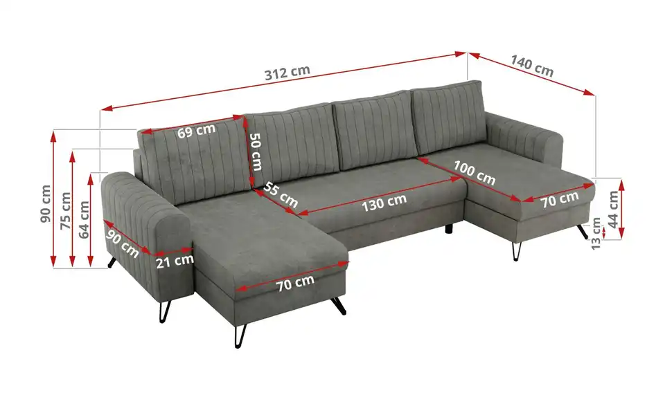 Wohnlandschaft Grau, Bemaßung
