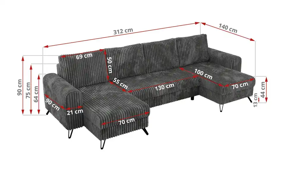 Wohnlandschaft Dunkelgrau, Bemaßung