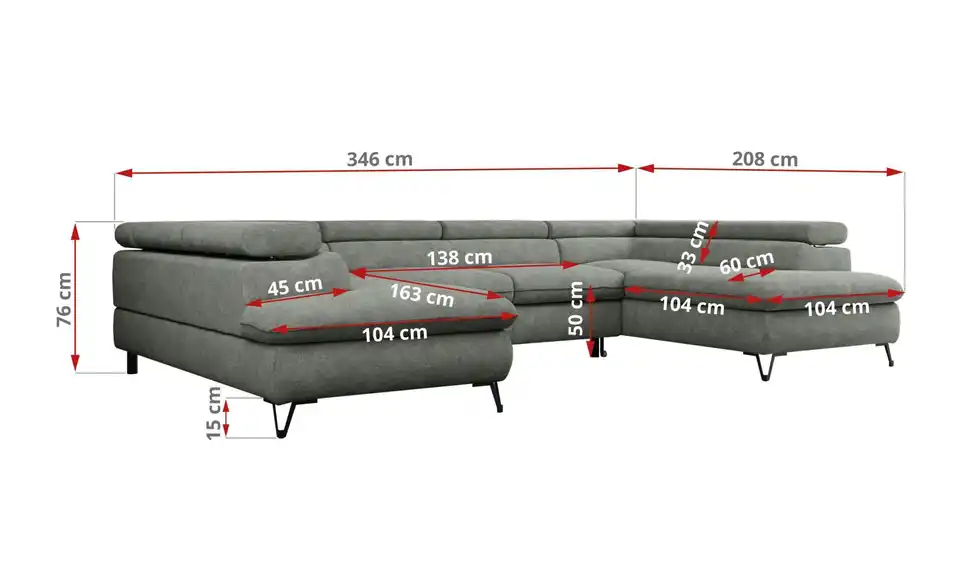 Wohnlandschaft Grau Peter, Bemaßung
