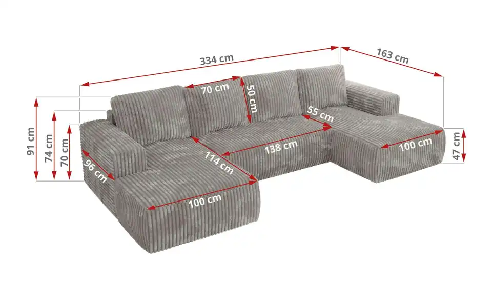 Wohnlandschaft Grau, Bemaßung