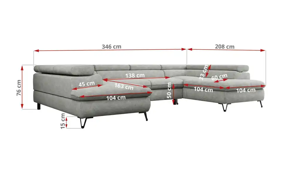 Wohnlandschaft Hellgrau Peter, Bemaßung