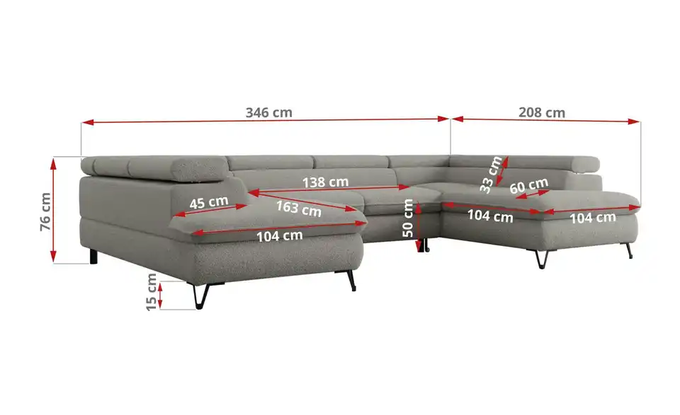 Wohnlandschaft Hellgrau Peter, Bemaßung
