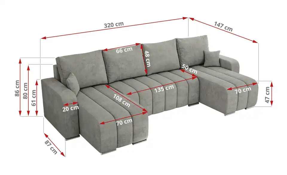 Wohnlandschaft Hellgrau, Bemaßung