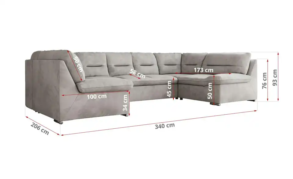 Wohnlandschaft Hellgrau, Bemaßung