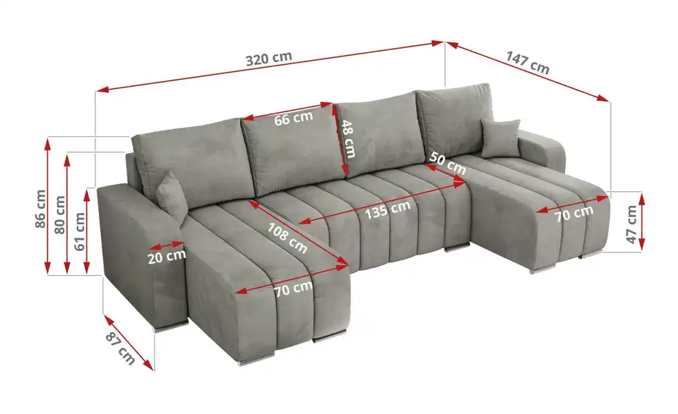 Wohnlandschaft Hellgrau, Bemaßung