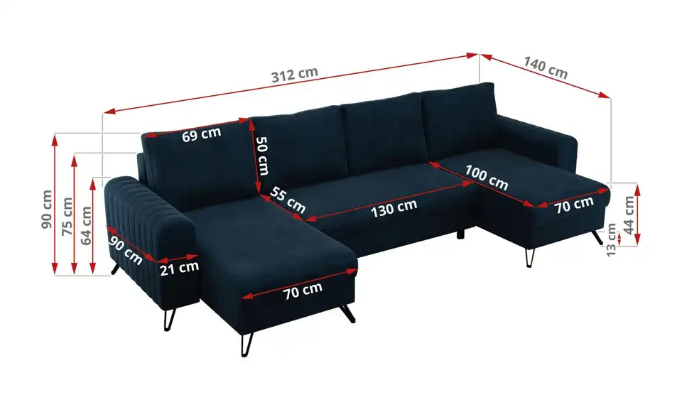 Wohnlandschaft Dunkelblau, Bemaßung