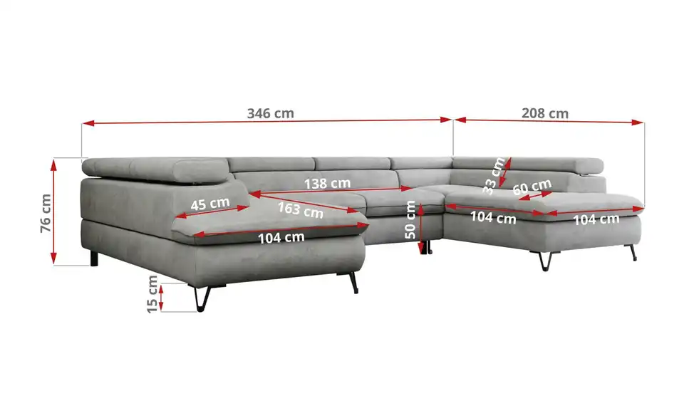 Wohnlandschaft Hellgrau Peter, Bemaßung