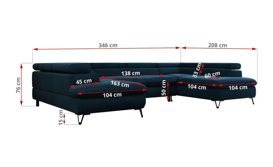 Wohnlandschaft Dunkelblau Peter, Bemaßung