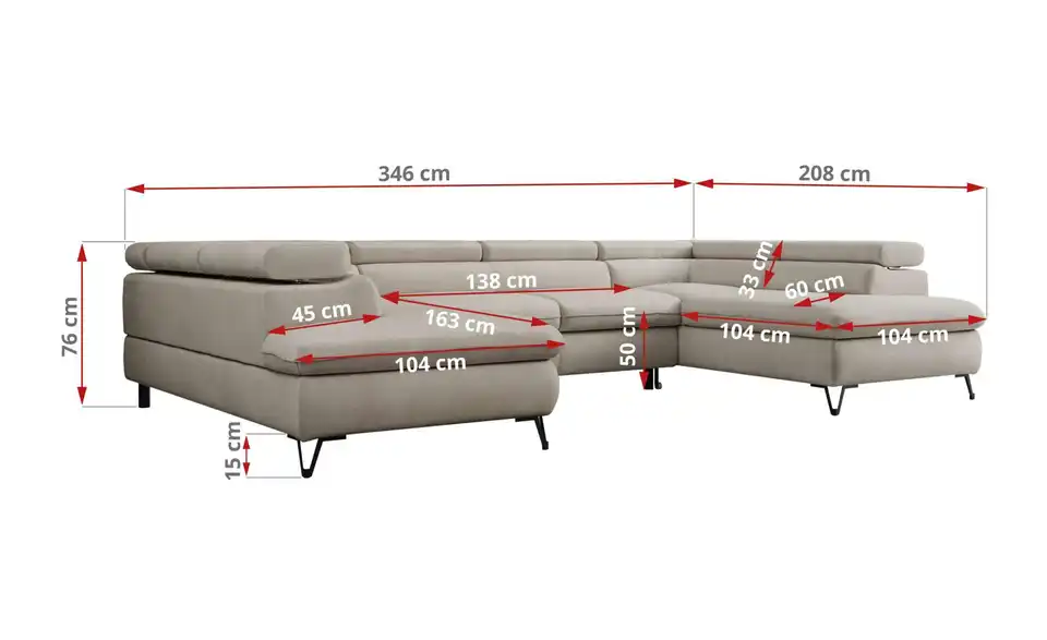 Wohnlandschaft Beige Peter, Bemaßung