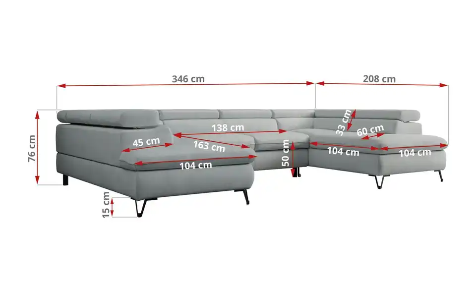 Wohnlandschaft Hellgrau Peter, Bemaßung