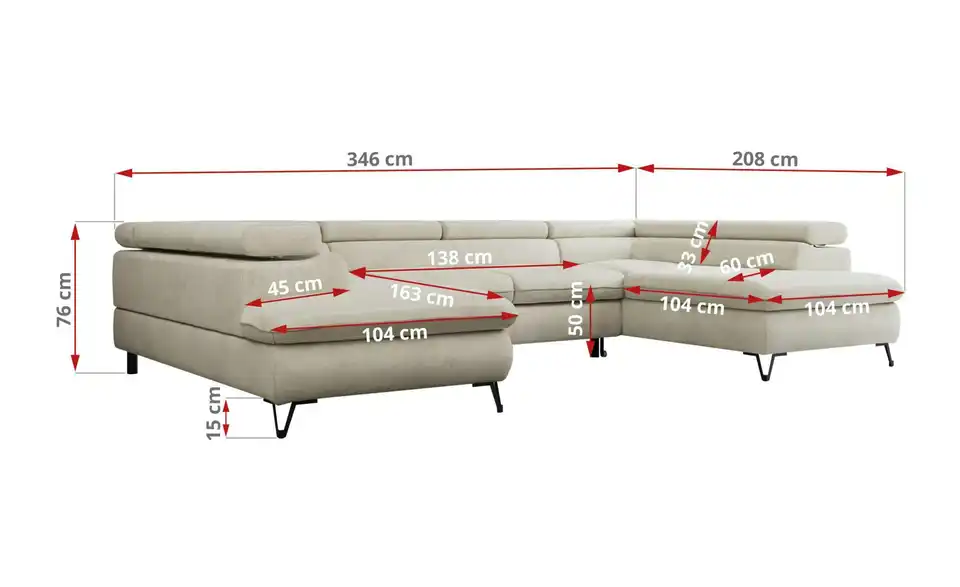 Wohnlandschaft Beige Peter, Bemaßung
