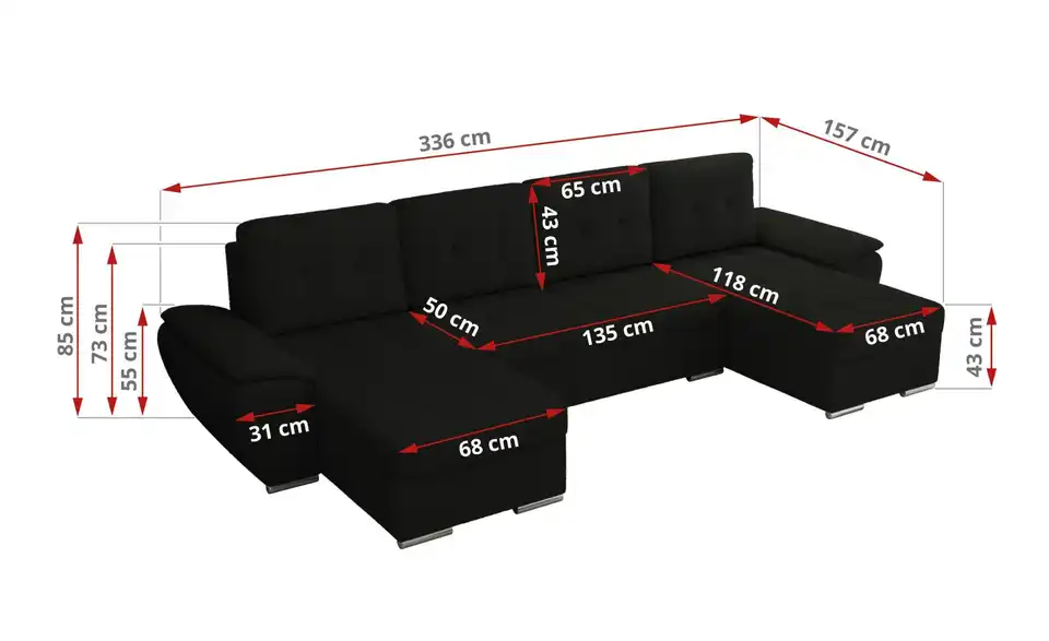 Wohnlandschaft Schwarz, Bemaßung