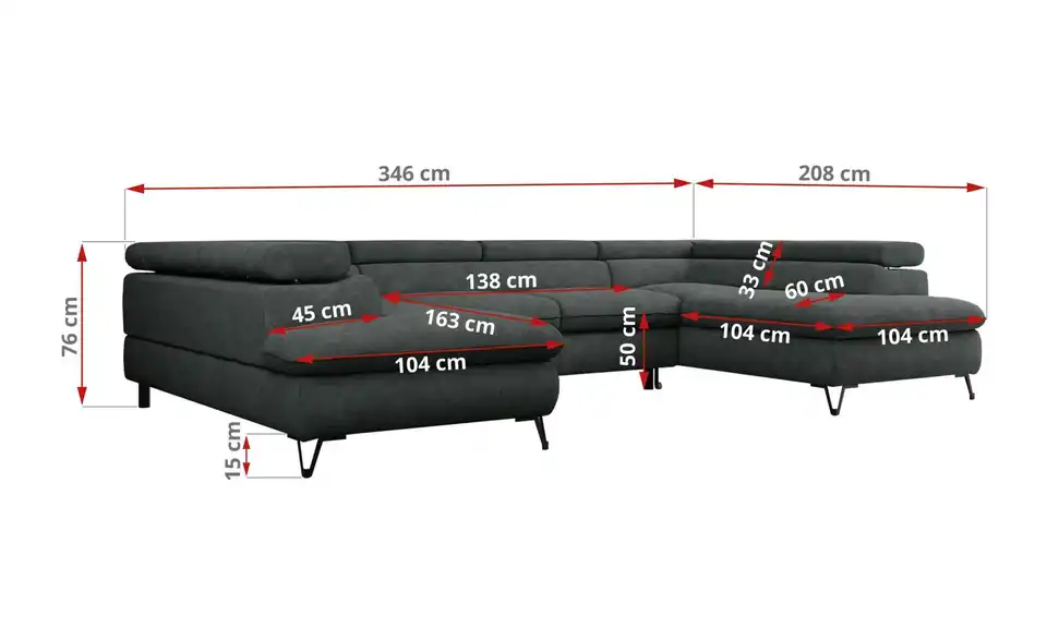 Wohnlandschaft Dunkelgrau Peter, Bemaßung
