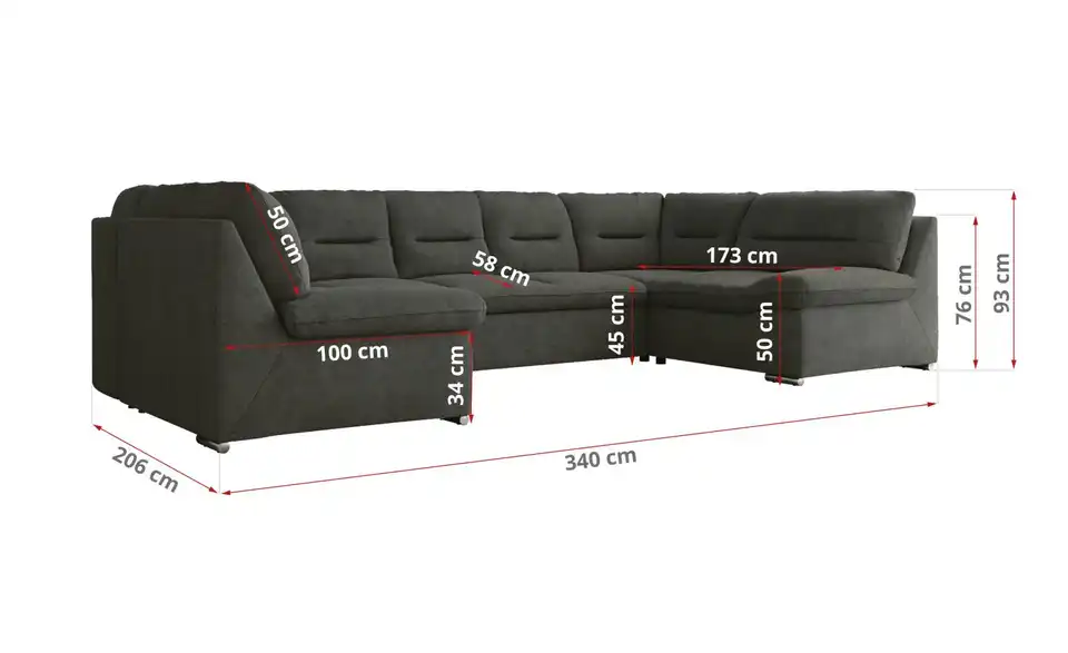 Wohnlandschaft Dunkelgrau, Bemaßung