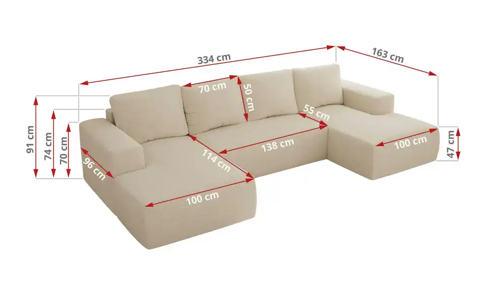 Wohnlandschaft Beige, Bemaßung